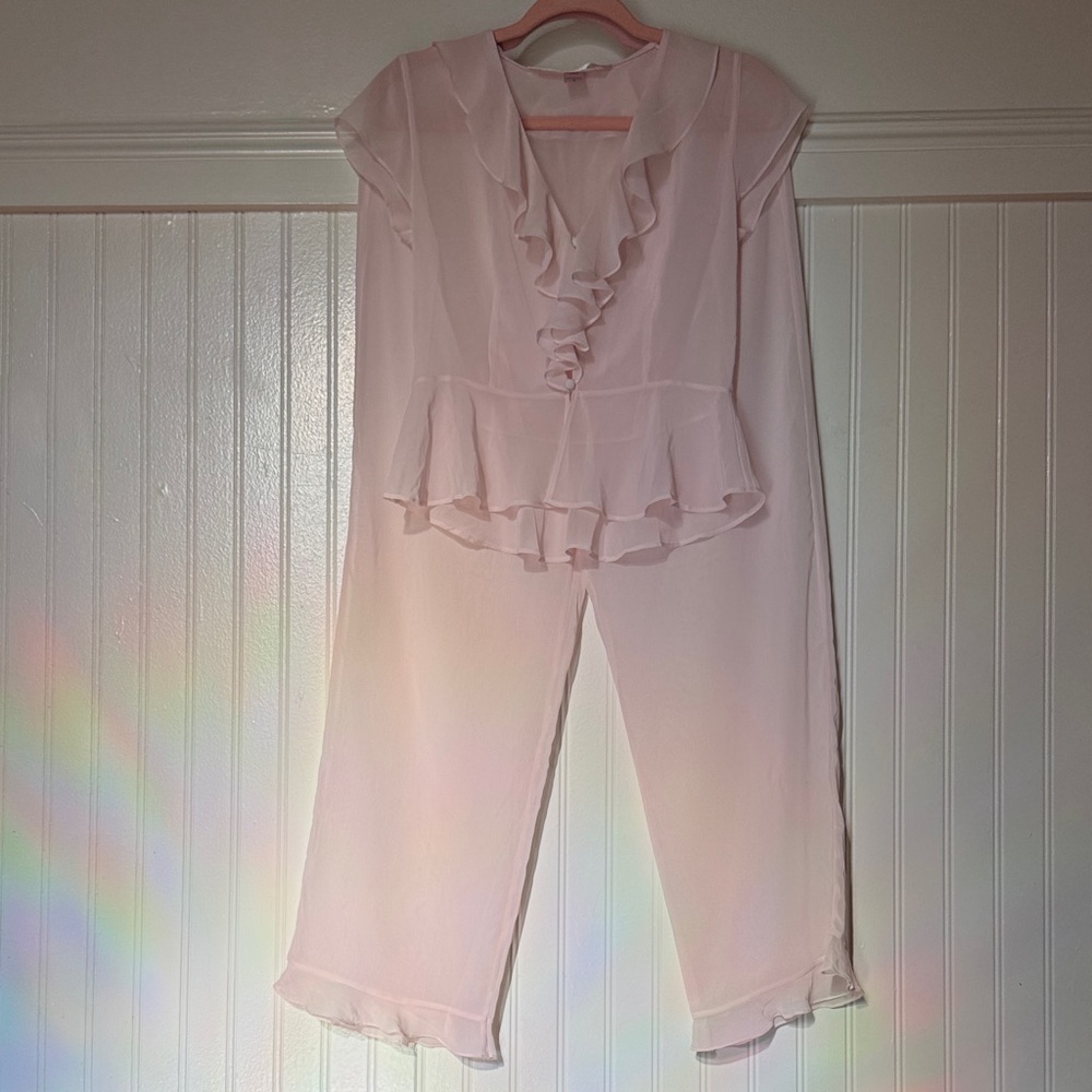 Victoria's Secret Light Pink Ruffle Front SHEER top + capri pants